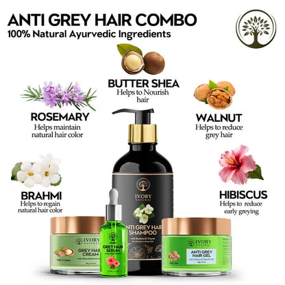 Ivory Natural Grey Hair Advanced Combo (Serum, Shampoo, Cream & Gel) For Both Men & Women - combo