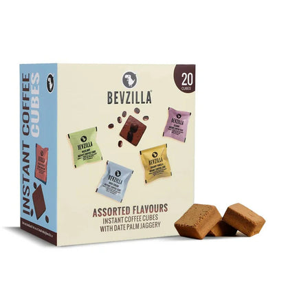 Bevzilla Assorted Flavours Instant Coffee Cubes Pack with Organic Date Palm Jaggery - 20 sachets