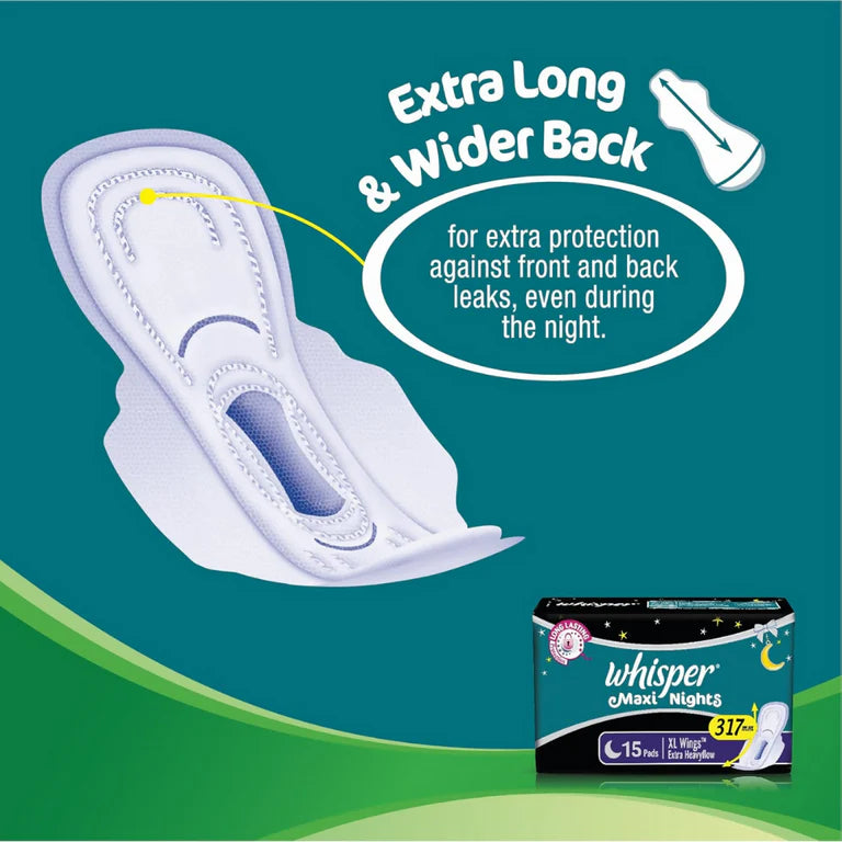 Whisper Maxi Nights Sanitary Pads for Women, XL - 15 Pieces