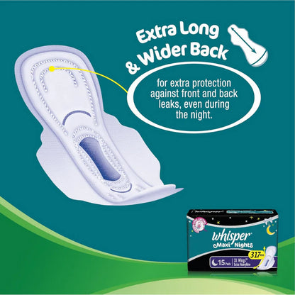 Whisper Maxi Nights Sanitary Pads for Women, XL - 15 Pieces