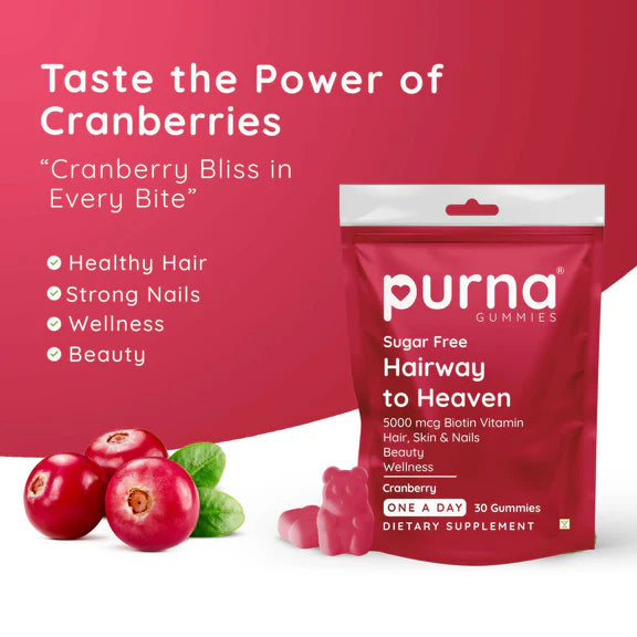 Purna Gummies Hair Biotin Cranberry Sugar Free Gummies with Vitamin B12 for Hair & Nail - 30 gummies