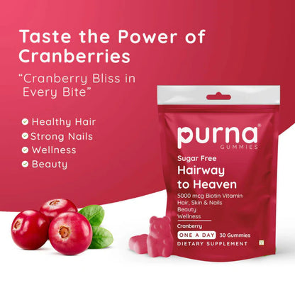 Purna Gummies Hair Biotin Cranberry Sugar Free Gummies with Vitamin B12 for Hair & Nail - 30 gummies
