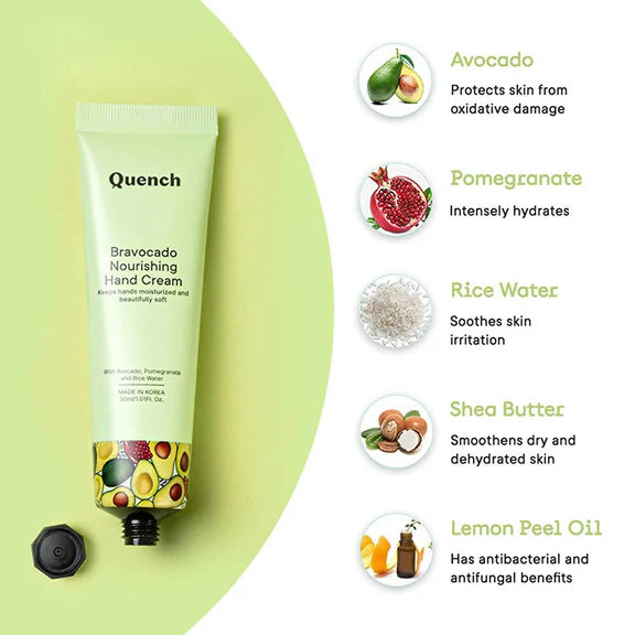 Quench Botanics Bravocado Nourishing Hand Cream With Avocado, Rice Water & Pomegranate, Korean Beauty - 30 ml