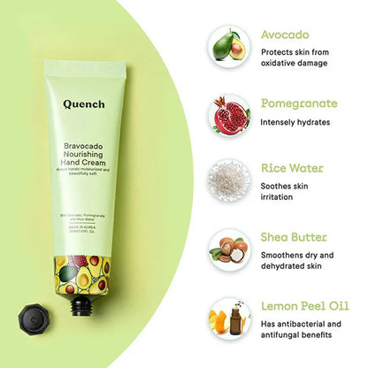 Quench Botanics Bravocado Nourishing Hand Cream With Avocado, Rice Water & Pomegranate, Korean Beauty - 30 ml