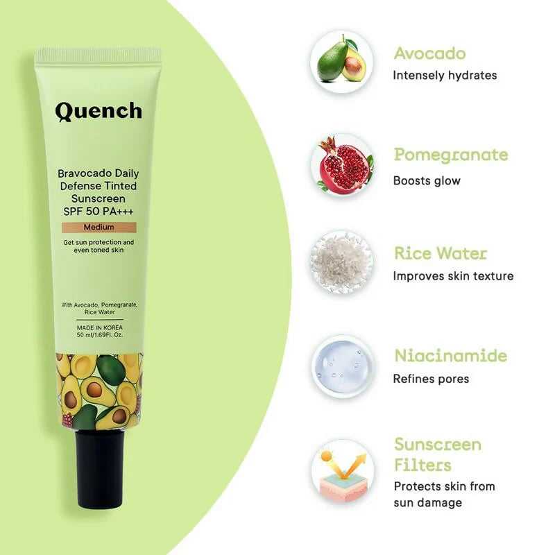 Quench Vitamin E Tinted SPF 50 Sunscreen PA+++ with both Mineral & Chemical Actives (Medium) - 50 ml