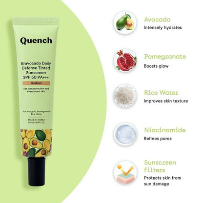 Quench Vitamin E Tinted SPF 50 Sunscreen PA+++ with both Mineral & Chemical Actives (Medium) - 50 ml