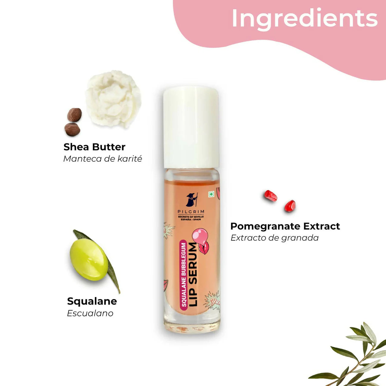 Pilgrim Spanish Lip Serum (Bubblegum) with Roll-on For Visibly Plump Lips, Hydrating Lip Serum For Dark Lips