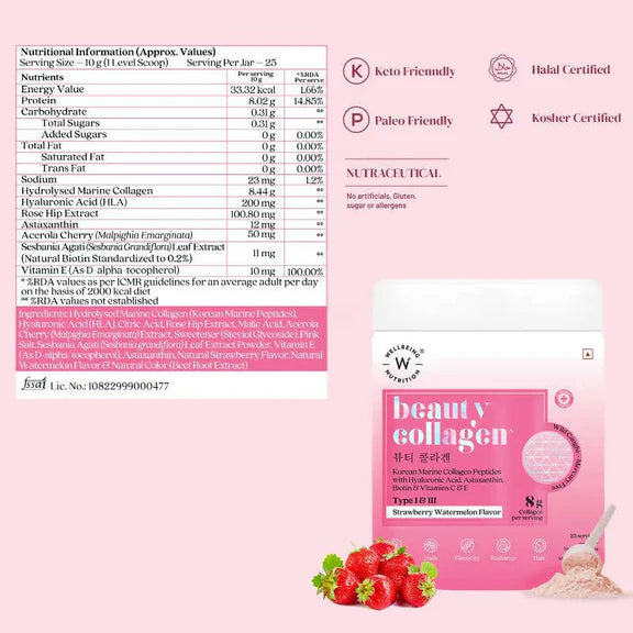 Wellbeing Nutrition Beauty Korean Marine Collagen Peptides - Strawberry & Watermelon - 250 gm