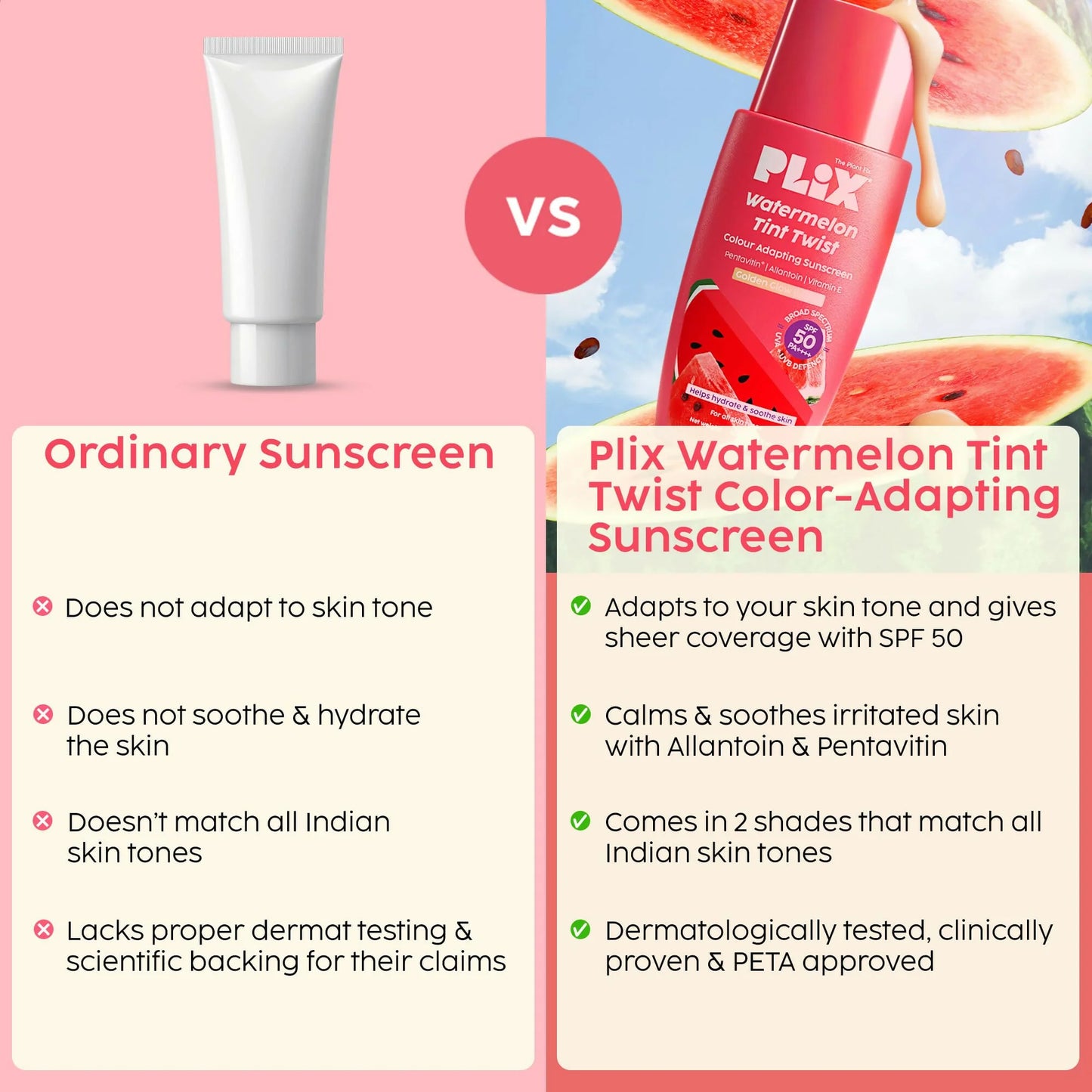 PLIX The Plant Fix Watermelon Tint Twist Color-Adapting Sunscreen For Light Coverage & Instant Glow - 50 ml - Golden Glow (Light)