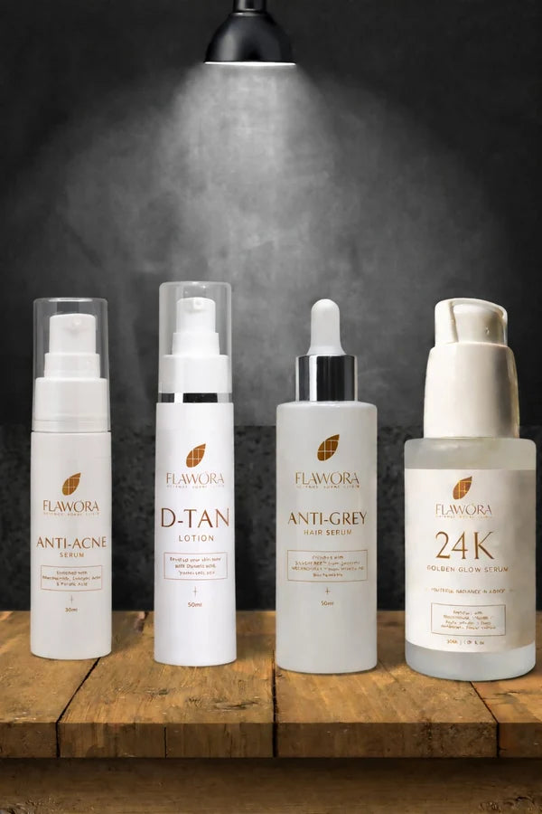 Flawora Set of D-Tan Lotion, Anti Acne Serum, Anti-Grey Hair Serum and Golden Glow Face Serum - combo