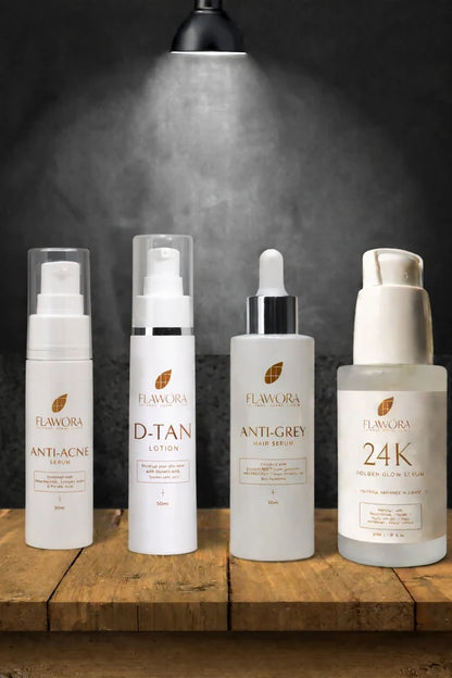 Flawora Set of D-Tan Lotion, Anti Acne Serum, Anti-Grey Hair Serum and Golden Glow Face Serum - combo