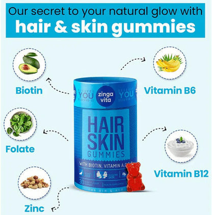 Zingavita Hair Skin Gummies with Biotin, Vitamin A C & E - 30 gummies