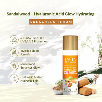 Lotus Botanicals Sandalwood & Hyaluronic Acid Glow and Hydrating Sunscreen Serum, SPF 50+, PA+++ - 30 ml