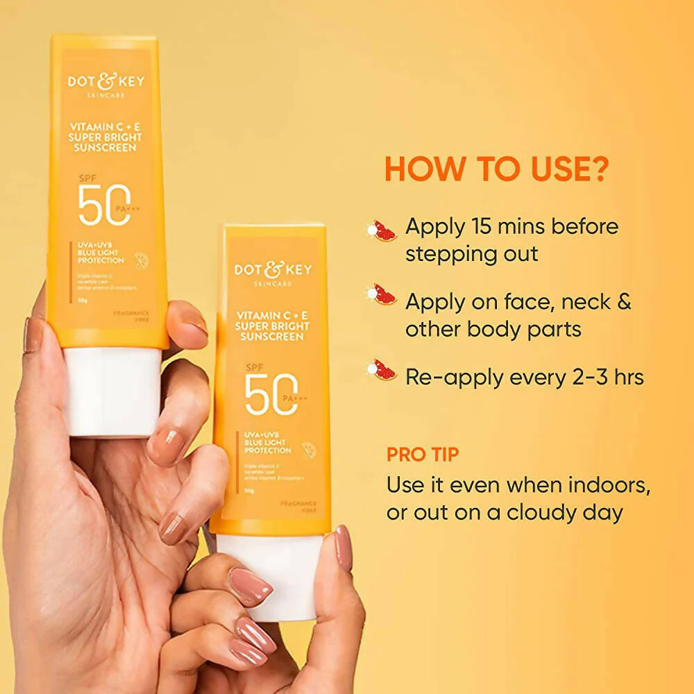 Dot & Key Vitamin C + E Face Sunscreen SPF 50 PA+++ For Glowing Skin, 100% No White Cast - 50 gm