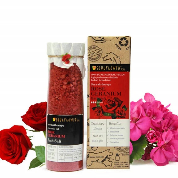Soulflower Aromatherapy Essential Oil Rose Geranium Bath Salt - 500 gm