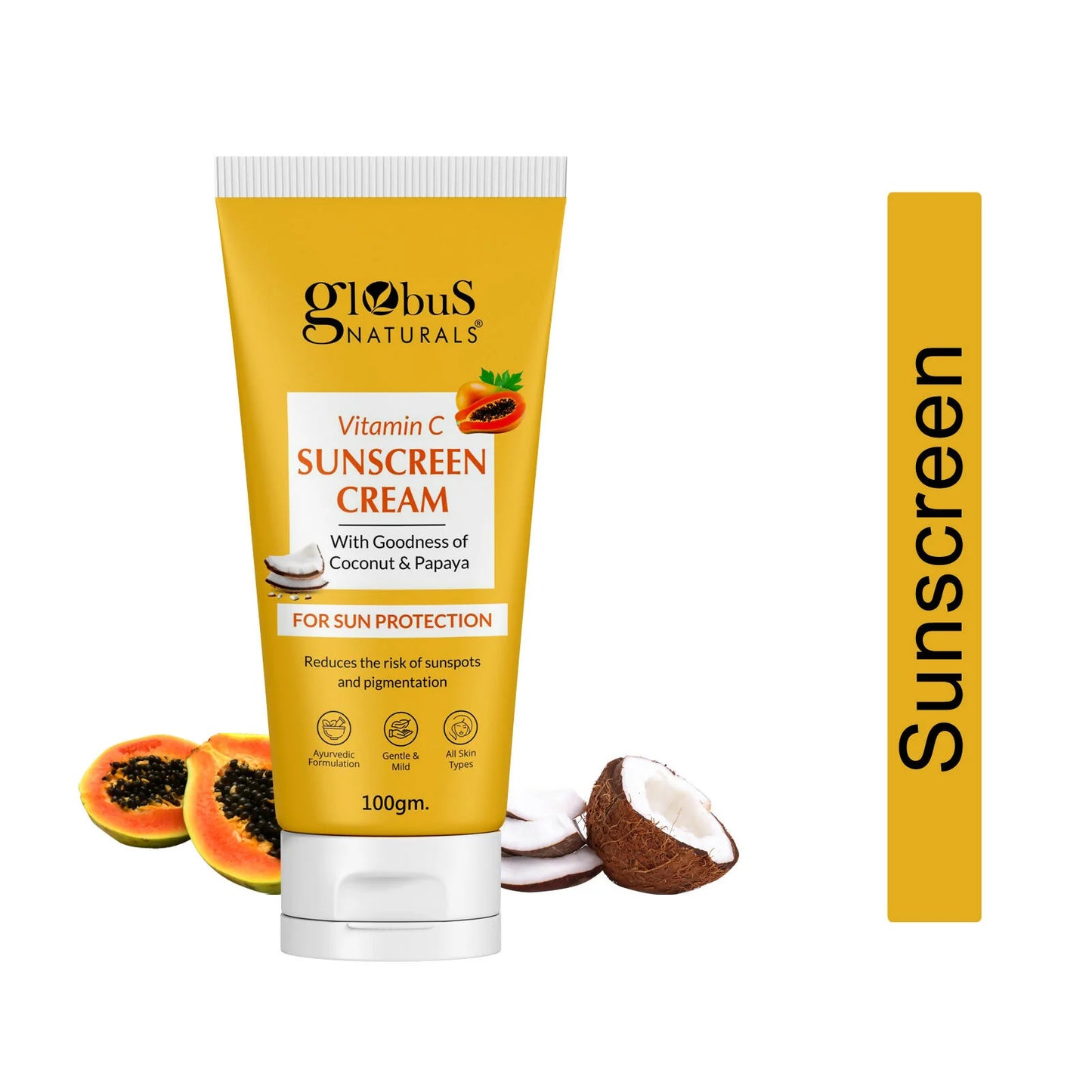 Globus Naturals Vitamin C Sunscreen Cream with Goodness of Coconut & Papaya For Sun Protection All Skin Types - 100 gm