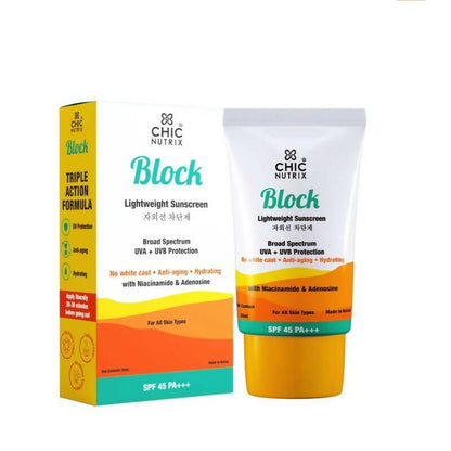 Chicnutrix Korean Block Lightweight Sunscreen SPF 45 PA+++ UVA + UVB Protection, Reduces Fine Lines And Wrinkles, Korean Skincare