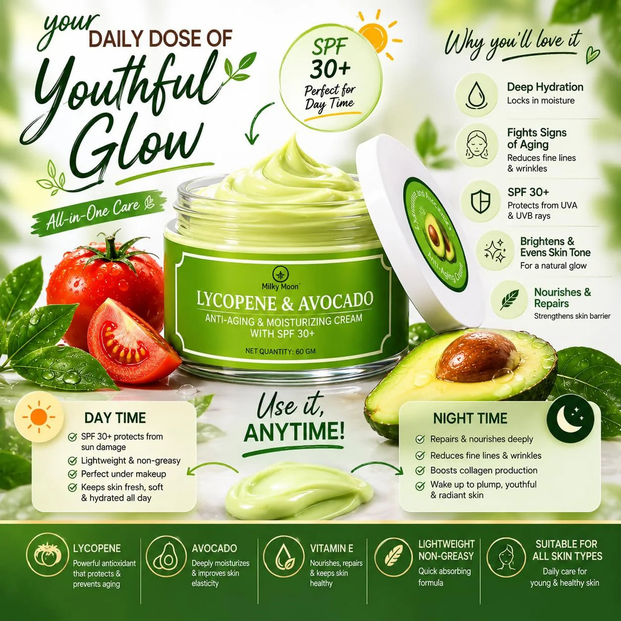 Milky Moon Lycopene & Avocado Anti-Aging & Moisturizing Cream with SPF 30 - 50 gm