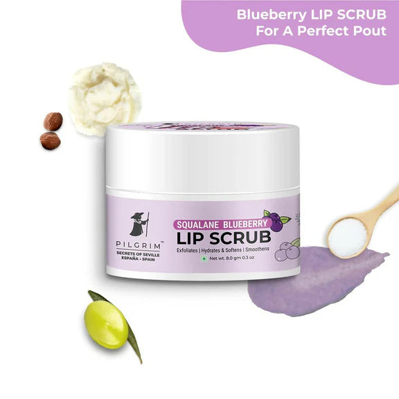 Pilgrim Spanish Lip Scrub (Blueberry) For Dark Lips, Gentle Exfoliation, Hydrated, Smooth & Soft Lips - 8 gm