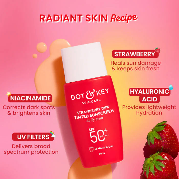 Dot & Key Strawberry Dew Tinted Sunscreen SPF 50+ PA++++ - 02 Warm Ivory - 50 gm