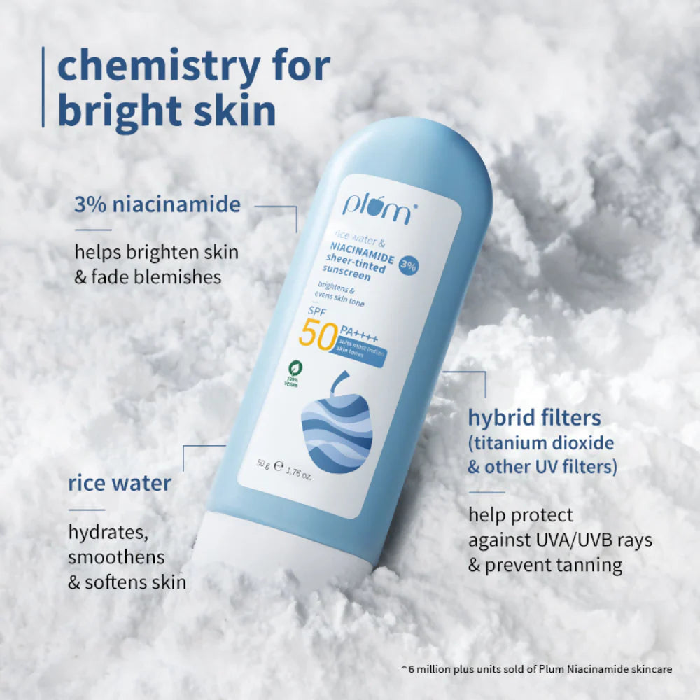 Plum Rice Water & 3% NiacinamiPlum Rice Water & 3% Niacinamide Sheer-Tinted Sunscreen With SPF 50 PA++++ For Oily To Normal Skin - 50 gmde Sheer-Tinted Sunscreen With SPF 50 PA++++ For Oily To Normal Skin - 50 gm