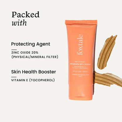 Foxtale Tinted Sunscreen SPF 50 PA++++ & Primer Shade 1 - Deep, Water Resistant with Dry-Touch Finish, Blurs Out Pores -