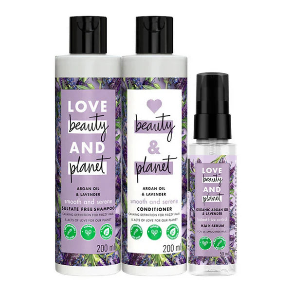 Love Beauty And Planet Argan Oil And Lavender Anti Frizz Shampoo Conditioner & Hair Serum Combo - combo