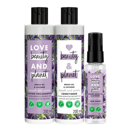 Love Beauty And Planet Argan Oil And Lavender Anti Frizz Shampoo Conditioner & Hair Serum Combo - combo