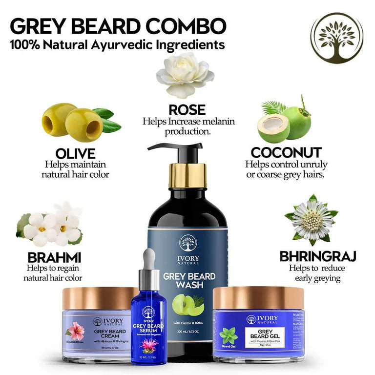 Ivory Natural Grey Beard Combo (Serum, Cream, Wash & Gel) Restore Your Silver Beard To Natural Color - combo