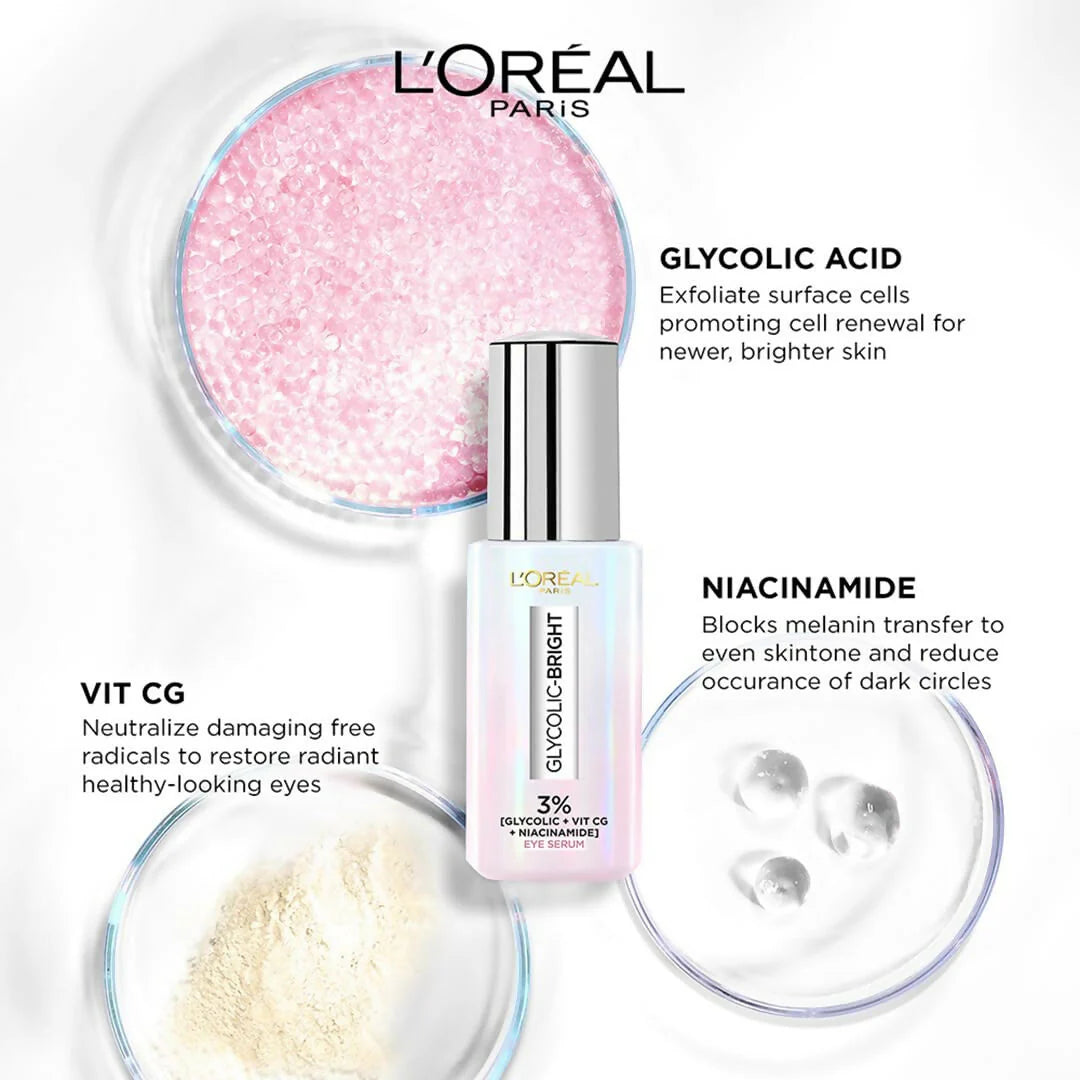 L'Oreal Paris Glycolic Bright Dark Circle Eye Serum With 3% [Glycolic + Vit Cg + Niacinamide] -20 ml