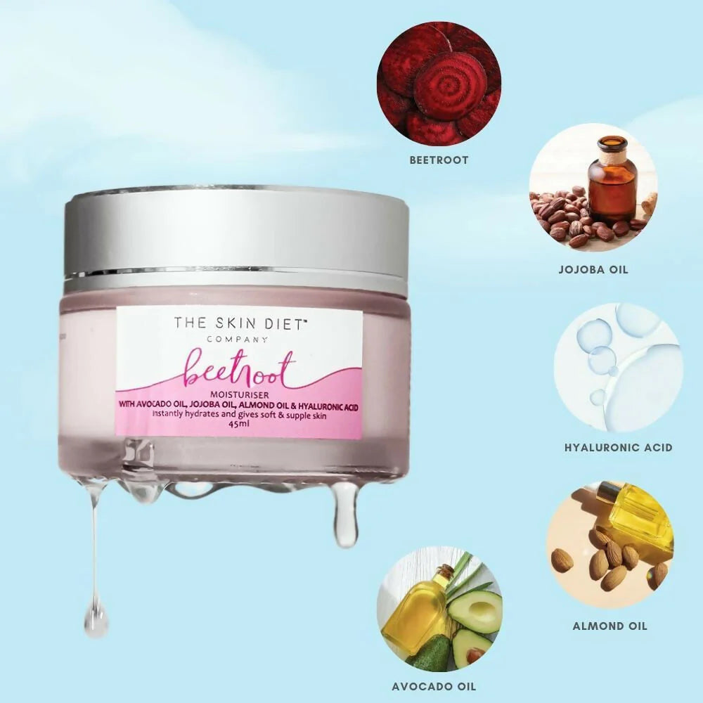 The Skin Diet Company Beetroot Moisturiser Lightweight, Non-Greasy - Dry/Oily Skin + Hyaluronic Acid - 15 ml