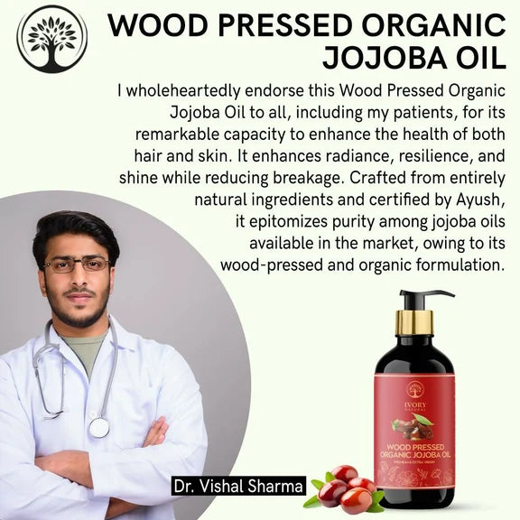 Ivory Natural Wood Pressed Organic Jojoba Oil Premium & Extra Virgin For Smooth Dry Skin, Avoid Flakiness, & Improve Skin Elasticity - 200 ml